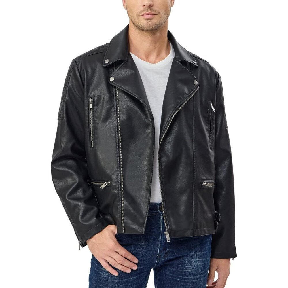 🆕Men Black Faux Leather Bomber Jacket Lightweight Zip Up Slim Fit Coat